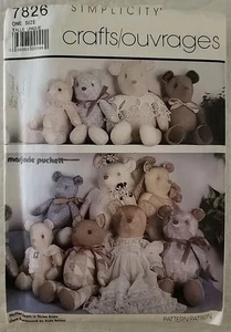 Patchwork Teddybär Schnittmuster Puckett Simplicity 7826 3 Größen Vintage 1986 UNCUT - Bild 1 von 2