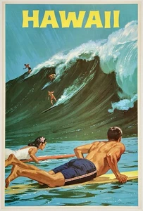 Original Vintage Poster HAWAII Hawaiian Travel Tourism Surfing MCM LINEN - Picture 1 of 5