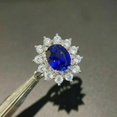 Anillo de compromiso de diamantes y zafiros naturales de corte ovalado de 5,00 quilates de platino sólido 950 Foto 1 de 4