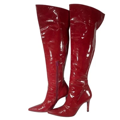 Stuart Weitzman Red Patent Leather Over The Knee High Heel Boots 7.5M - Image 1 of 4