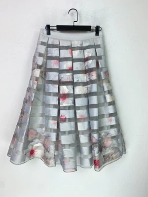 Ted Baker Grey Floral Stripe Midi Skirt A-Line High Rise Sheer Overlay UK 10 (2) - Image 1 of 4
