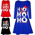 Womens Ladies Xmas Ho Ho Ho Snowman Christmas Flared Swing Round Neck Mini Dress