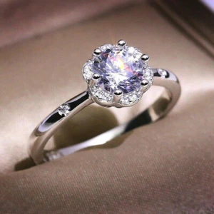 2 Ct Round Cut Diamond Halo Engagement Bridal Wedding Ring 14K White Gold Finish - Picture 1 of 6