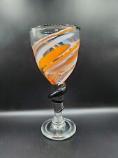 Vintage 1985 Water Wine Goblet Hand Blown Art Glass Swirl Stem Orange Black Blue