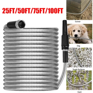 25 50 75 100FT Stainless Steel Metal Garden Water Hose Flexible Heavy Duty Pipe - Picture 1 of 18