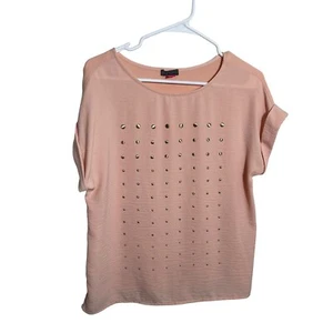 Vince Camuto Blouse Women's XS Pink Rhinestone Short Sleeve Studded Sheer Top - Picture 1 of 8