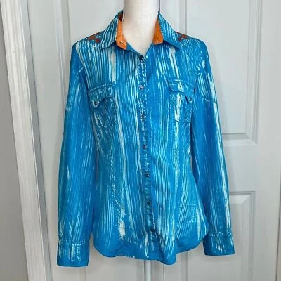 Rock & Roll Cowgirl Western Snap Front Shirt Blue Orange Rhinestone Embroidered - Image 1 of 4