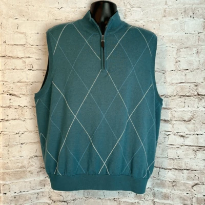 Fairway Greene Italian Merino Sweater Golf Vest  Lined Zip Mock Neck Argyle L - Image 1 of 4