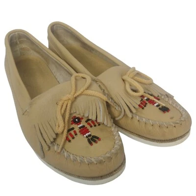 Mocassim feminino Quoddy 8,5 M com miçangas Thunderbird sapatos franja bronzeado chinelo - Imagem 1 de 4