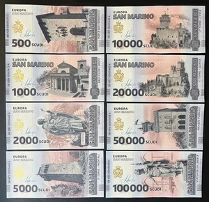 San Marino banconote Souvenir serie di 8 biglietti da 500 a 100000 scudi - Picture 1 of 2