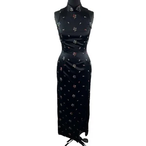 VINTAGE Jessica McClintock Black Dress Floral Asian Oriental Stand Collar Slit - Picture 1 of 8