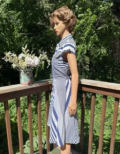 Abito da giorno vintage anni 50 donna taglia 28w art deco blu bianco cravatta vita cotone astratto - Foto 1 di 6