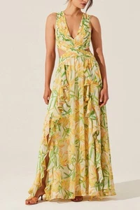 ASTR Noya Print Maxi Dress Yellow Green Floral Size L Orig. $178 NEW - Picture 1 of 7