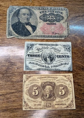 Лот из 3 дробных банкнот США: 3c, 5c и 25c - Изображение 1 из 4