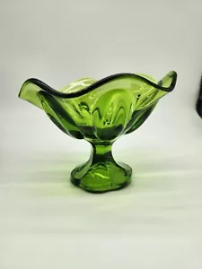 MCM Green L.E. Smith Simplicity 5" Glass 6 Petal footed Compote T24 - Picture 1 of 3