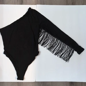 Verdusa Damen Fransenbesatz One Shoulder Langarm Body Oberteil Gr. Lg schwarz - Bild 1 von 2