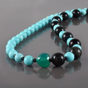 Naturale Ossidiana & Turchese Rotonda Perline Catena 18 " Filo Mano Collana - Foto 1 di 5