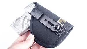 Kahr PM9, P380 w/ laser | IWB Conceal Carry Slim Tuck Holster w/ Sweat Guard - Picture 1 of 6