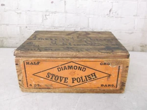 Vintage Wooden 'Diamond Stove Polish' Box w/ Lid ~ 11 1/2" x 8 3/4" x 4 3/4" - Picture 1 of 15