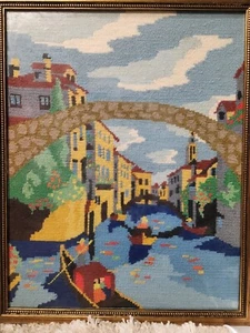 Vintage Gold Framed Needlepoint Venice Italy Gondola Canal Large 21.5 x 15.25 - Picture 1 of 15