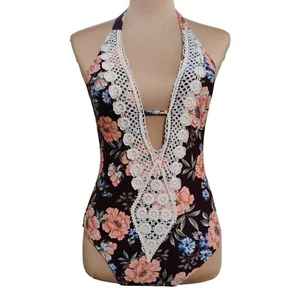 Kona Sol Womens Swimsuit One Piece Crochet Trim Deep Plunge Floral Burgundy Sz S - Picture 1 of 7