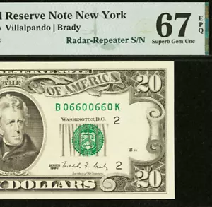 1990 $20 FRN - PMG 67EPQ - Top Pop Highest Graded - Radar-Repeater 06600660 - Picture 1 of 4