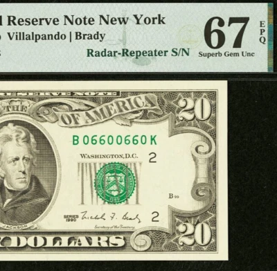 1990 $20 FRN - PMG 67EPQ - Top Pop Highest Graded - Radar-Repeater 06600660 - Image 1 of 4
