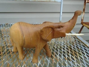 Vintage Elephant Figurine carved Teak Wood Statue Rosewood / trunk up MCM - Picture 1 of 7