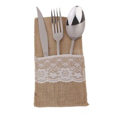 8"x4.3" Hessian Burlap Lace Wedding Tableware Pouch Cutlery Linen Holder