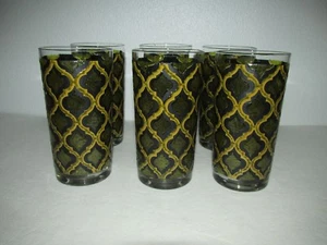 Vintage Set of 6 MCM Tile Print Retro Green+Black Tumber Drinking Glasses - Picture 1 of 8
