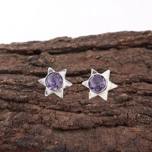 Dainty Iolite Gemstone Stud Earrings 925 Sterling Silver Handmade Jewelry Gifts - Picture 1 of 5