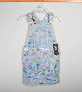 NWT Girls 3 3 3 Blue Denim Jean Graffiti Print Bib Front Overall Dress Sz 12 - Picture 1 of 3