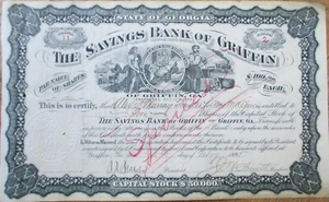 Griffin GA 1895 Sparkasse Aktienzertifikat, Doc Holliday Geburtsort Georgia - Bild 1 von 1