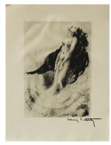 Louis Icart - 1943 Incisione originale firmata senza titolo da ""Leda e il cigno"" COA - Foto 1 di 3