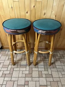 Mid Century Modern Vintage Paul Frankl Style Bamboo Rattan Tiki Bar Stools Pair - Picture 1 of 13