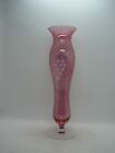 Cranberry Glass Flash Cut to Clear Trumpet Flared Hourglass Bud Vase Grape Vine