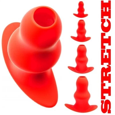 Stretch Red HOLE Butt Plug Firm Silicone Hollow Anal Tunnel Plug Male Sex Toys - Image 1 of 4
