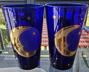 Lot of 2 Culver Cobalt Blue Glass Celestial Gold Stars & Moon With Stars 6 inch - Picture 1 of 8