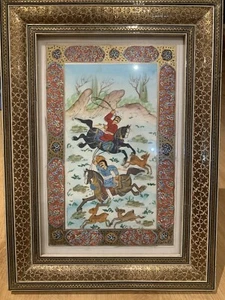 Beautiful Khatam Framed Persian Bone Painting Depicting A Hunting Scene - Picture 1 of 4