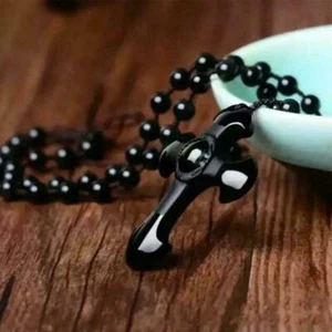 Black Obsidian Stone Cross Necklace Jewelry For Men Amulet L0Z1 Womens D3Q9 - Picture 1 of 9