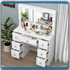 Dressing Table With Large Mirror 7 Drawer &Crystal Pull Vanity Table Makeup Desk - Picture 1 of 10