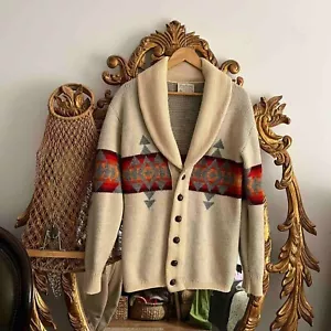 Rare Distressed Vintage 70's Pendleton Navajo Knitted Cardigan Sz M - Picture 1 of 6