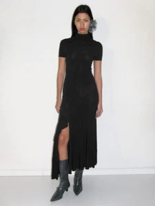 Palomawool Temperament High Neck Short Sleeve Extra Long Split Dress Dark Brown - Bild 1 von 9