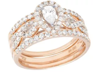 14K Rose Gold Real Diamond Pear Solitaire Halo Infinity Style Bridal Ring 7/8 Ct - Picture 1 of 6
