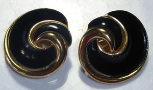 Vintage Trifari Crown Black Enamel Swirl Gold Tone Clip Earrings - Picture 1 of 3