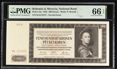Bohemia 500 Korun 1942 P 12 a Gem UNC PMG 66 EPQ - Image 1 of 3