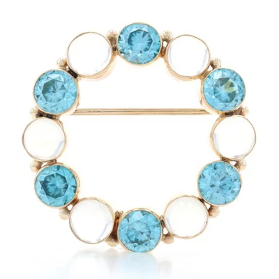 Oro Amarillo Azul Circonita & Luna Retro Corona Broche 14k 8.60ctw Vintage Pin - Imagen 1 de 4