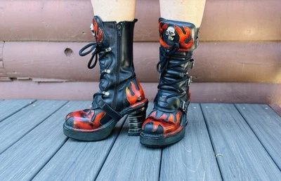 Women New Rock Black Leather Flames Biker Boots, Metal Heel, Size 8, Authentic! - Image 1 of 4