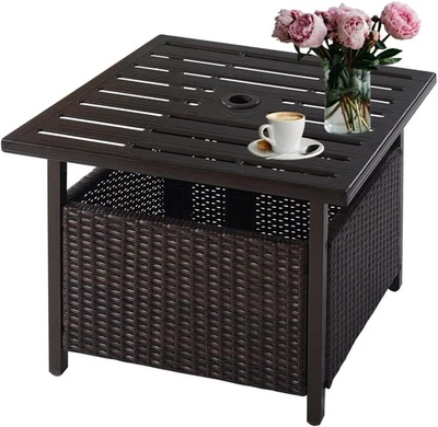 Nightcore Rattan Umbrella Side Table, Bistro Wicker Table with Brown  Foto 1 de 4