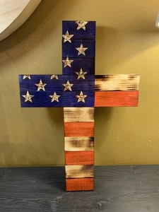 Rustic Handmade American Flag Wooden Cross, Stained, Wood Burn, Wall Hanging - Picture 1 of 6